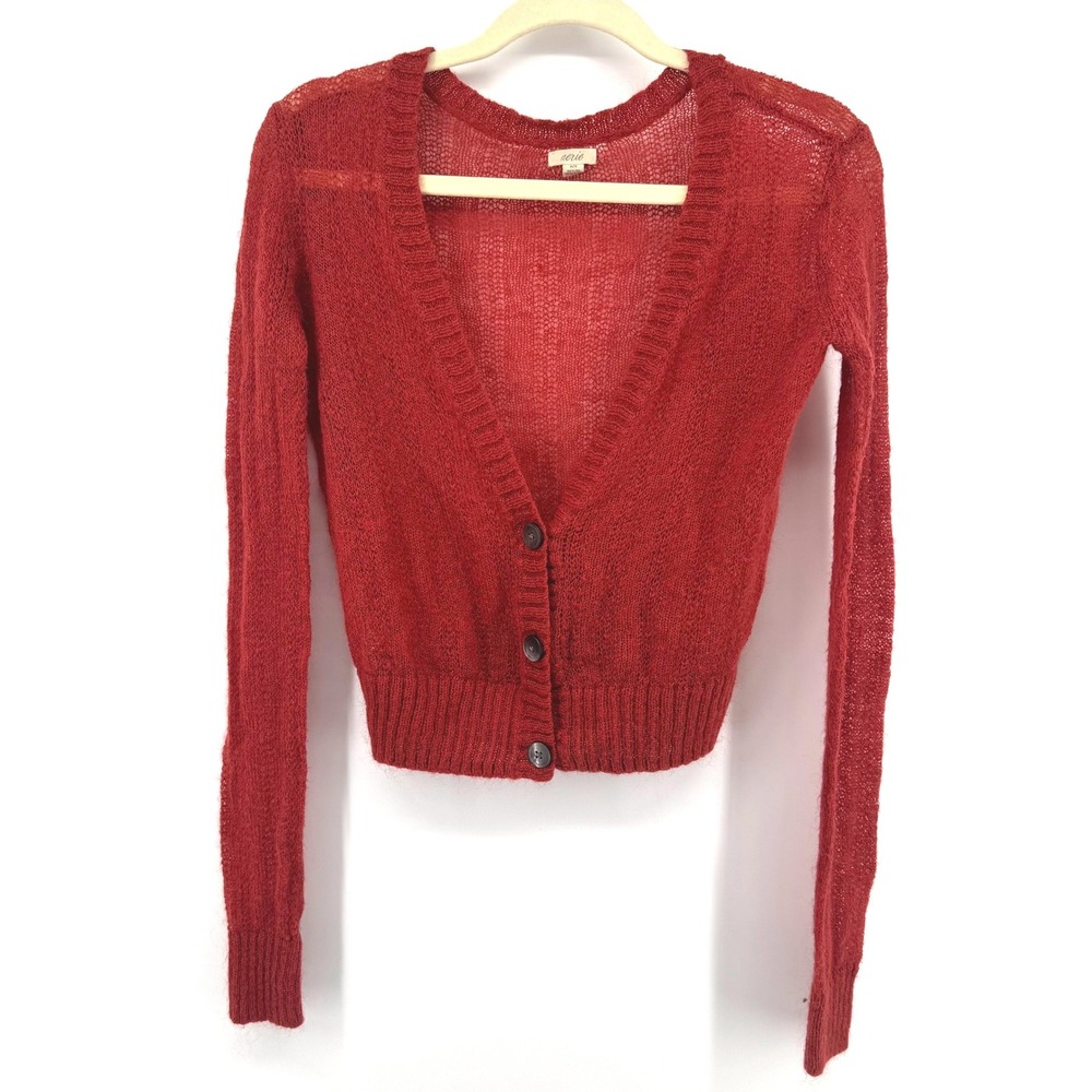 Aerie Cardigan Women M Burnt Orange Mohair Cropped Knit Sweater Cottagecore Top